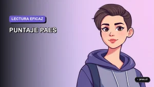 Ilustración plana de una joven universitaria sonriendo con confianza, representando el éxito en la competencia lectora de la PAES. Fondo con gradiente suave, diseño minimalista y motivador para estudiantes.