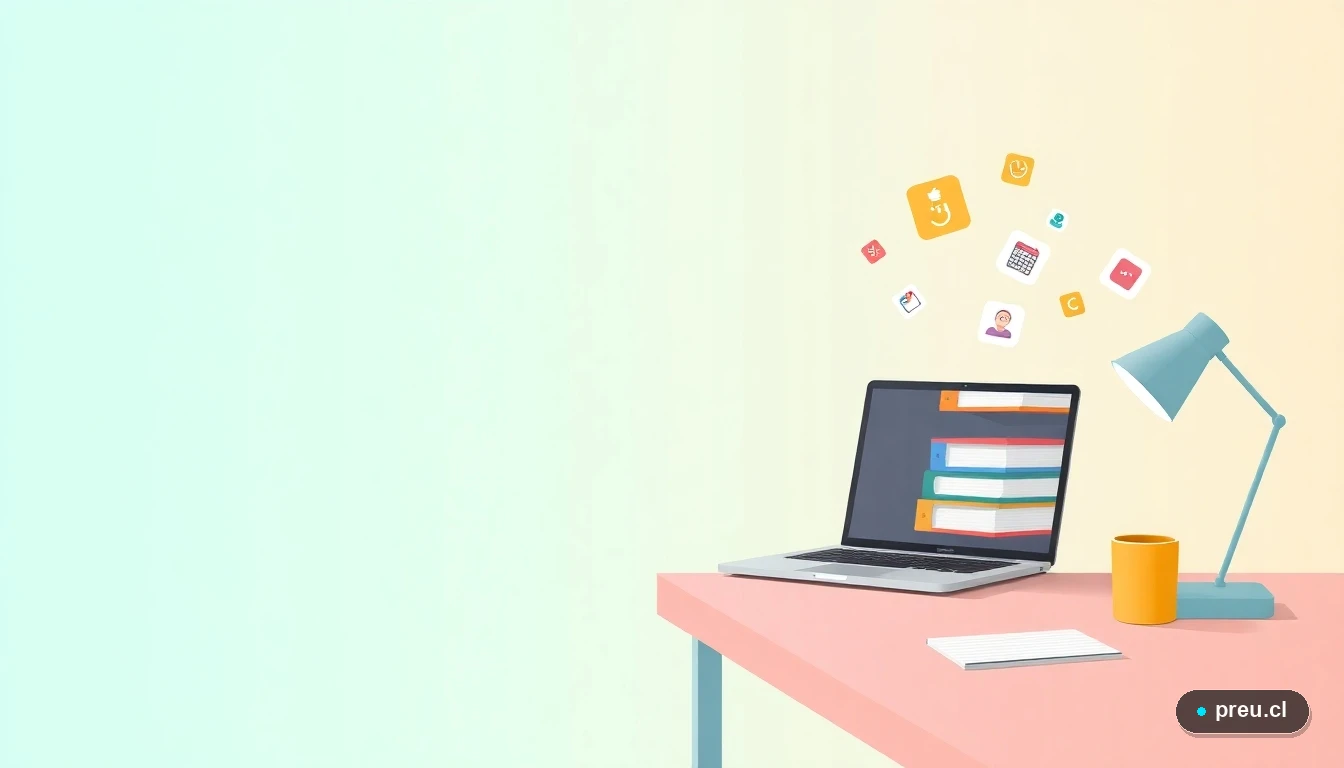 Ilustración de un escritorio de estudio digital moderno y minimalista, con laptop, cuadernos y símbolos de calendario flotantes, sobre un fondo de gradiente verde azulado. Representa la herramienta de planificación universitaria limpia y fácil de usar.