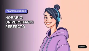 Ilustración plana y moderna de una estudiante universitaria sonriente, con un fondo de gradiente lila suave. Representa la facilidad y confianza de planificar tu semana académica ideal con herramientas digitales.