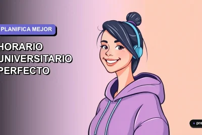 Ilustración plana y moderna de una estudiante universitaria sonriente, con un fondo de gradiente lila suave. Representa la facilidad y confianza de planificar tu semana académica ideal con herramientas digitales.