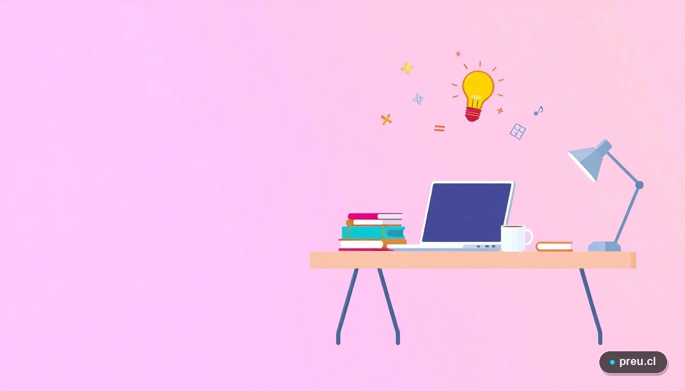 Ilustración vectorial de un escritorio de estudio moderno y organizado, con laptop, cuadernos y símbolos de ideas, sobre un fondo lavanda. Representa la herramienta perfecta para planificar tu semestre universitario en Chile.