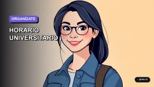 Ilustración plana y moderna de una estudiante universitaria sonriente, con un estilo fresco y juvenil, sobre un fondo de gradiente suave. Representa la organización y el éxito académico en Chile.