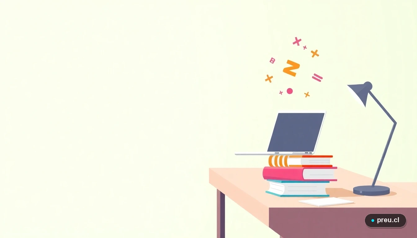 Ilustración plana de un escritorio de estudio moderno con laptop, cuadernos y símbolos matemáticos flotantes, representando el aprendizaje y la organización académica. Fondo con degradado suave color menta.