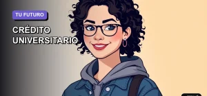 Ilustración plana y moderna de una estudiante universitaria feliz y motivada, con un estilo fresco y juvenil, representando el acceso a la educación superior a través del crédito estatal. El fondo es un degradado suave de color lavanda.