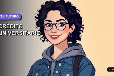 Ilustración plana y moderna de una estudiante universitaria feliz y motivada, con un estilo fresco y juvenil, representando el acceso a la educación superior a través del crédito estatal. El fondo es un degradado suave de color lavanda.