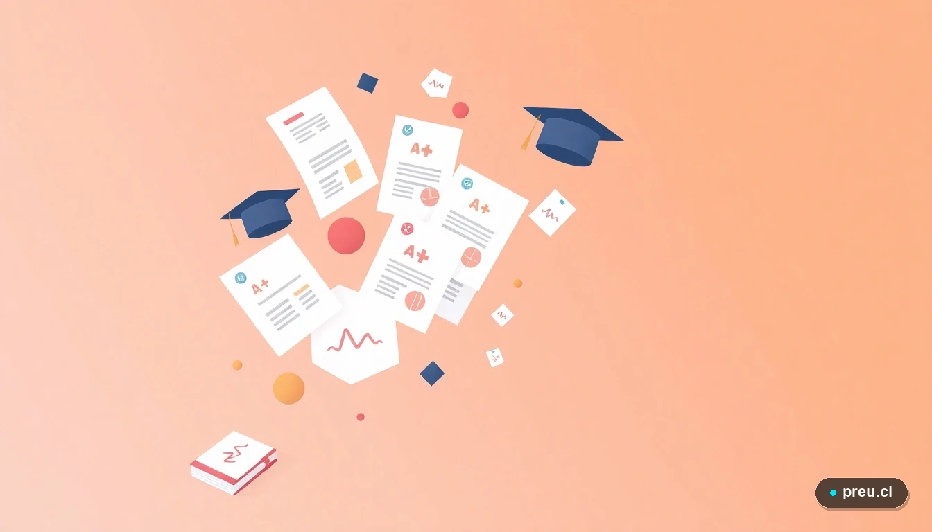 Elementos gráficos abstractos de éxito académico, como papeles de examen, notas A+, birretes y gráficos de progreso, en un estilo de ilustración plana y colorida sobre un fondo de gradiente melocotón.