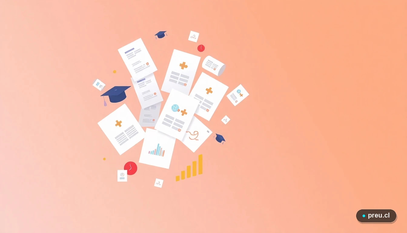 Elementos gráficos abstractos de éxito académico: papeles de examen, notas A+, gráficos de progreso y gorros de graduación, en un estilo de ilustración plana y colorida sobre fondo degradado melocotón.