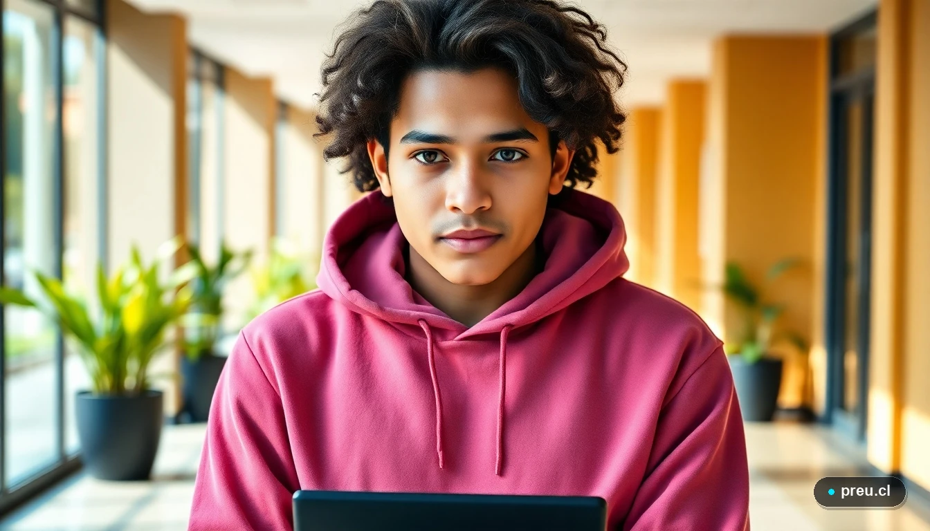 Joven estudiante sonriendo con confianza en un moderno campus universitario en Chile, representando el futuro de la educación técnica.