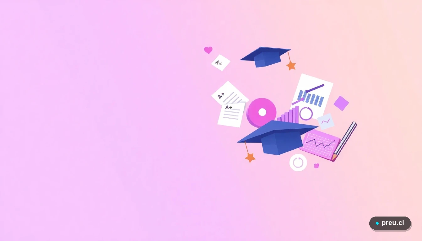 Elementos gráficos abstractos que simbolizan el éxito académico y profesional: papeles de examen con nota máxima, toga de graduación y gráficos de progreso, sobre un fondo color lavanda. Representación visual del camino para convertirse en un abogado exitoso.