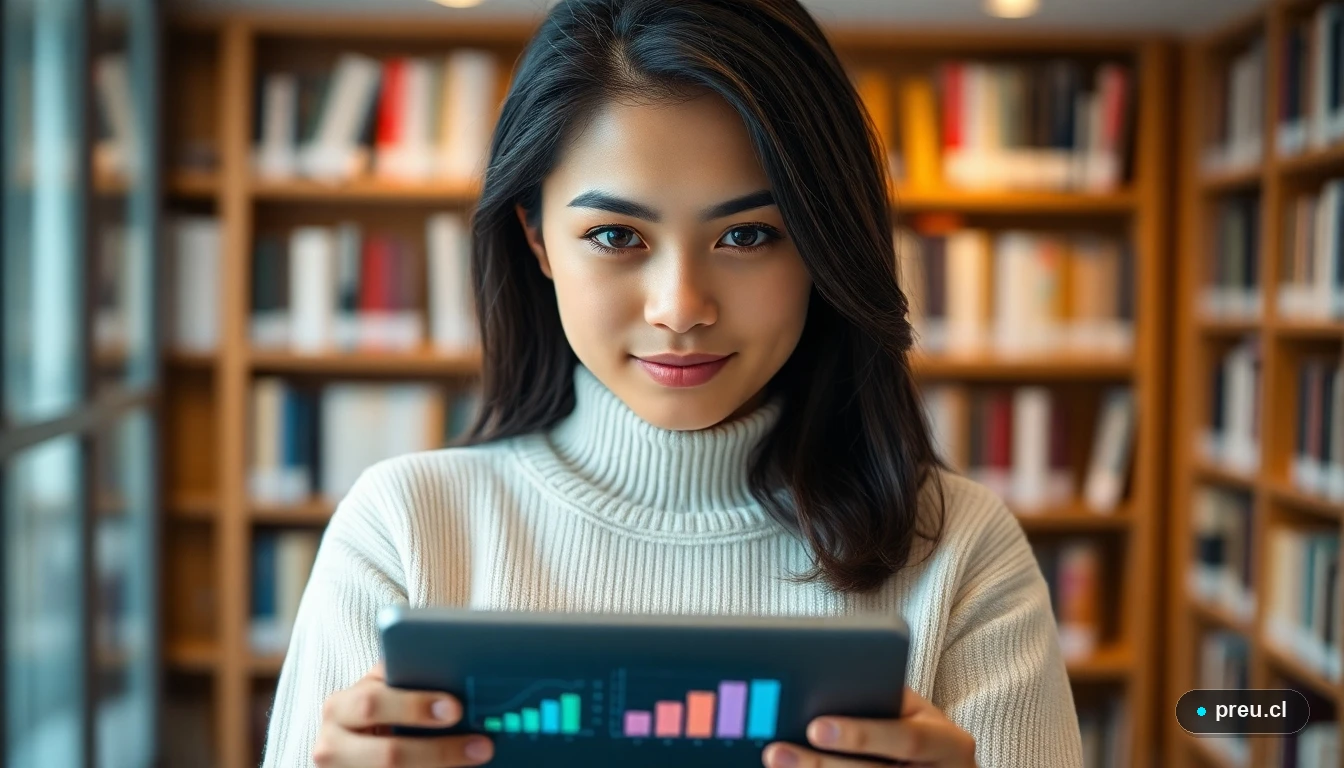 Joven estudiante de derecho sonriendo con confianza en una biblioteca universitaria moderna, pensando en su futuro profesional.