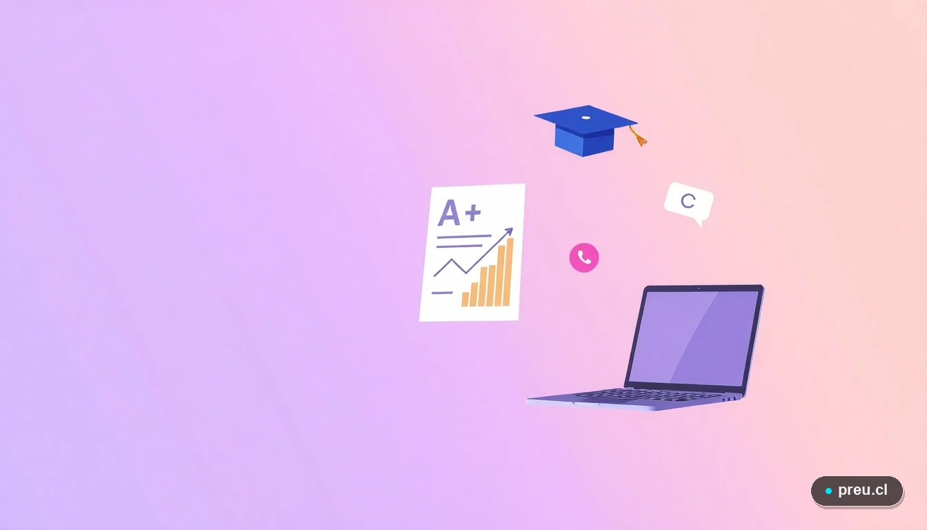 Composición abstracta de elementos académicos en estilo vectorial plano: un papel de examen con nota máxima, un gráfico de progreso y un sombrero de graduación, sobre un fondo degradado lavanda. Representa el éxito y el avance en la carrera de ingeniería industrial.