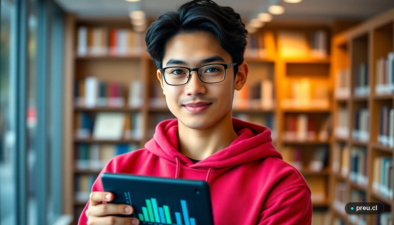 Joven estudiante sonriendo con confianza en una biblioteca universitaria moderna, representando el futuro profesional de la Ingeniería Industrial.