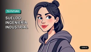 Ilustración plana y moderna de un estudiante universitario sonriente, con estilo vectorial y colores vibrantes, que representa el futuro profesional de la ingeniería industrial en Chile. Imagen optimizada para jóvenes que exploran carreras universitarias.