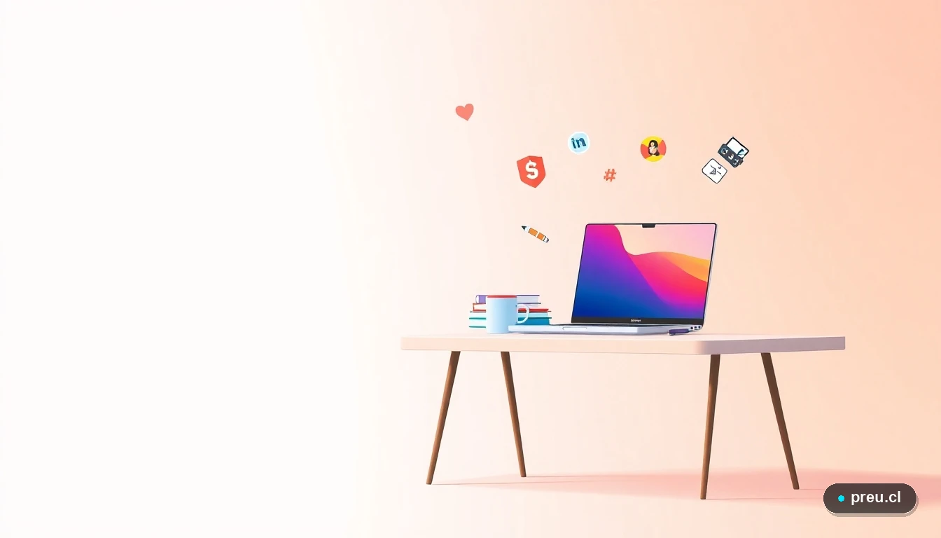 Ilustración vectorial plana de un escritorio de estudio moderno y minimalista, con una laptop, cuadernos de colores, una taza de café e íconos flotantes de herramientas periodísticas, sobre un fondo de gradiente suave. Representa el espacio de preparación y aprendizaje para la carrera.