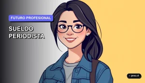 Ilustración plana y moderna de una estudiante universitaria sonriente, con un estilo fresco y contemporáneo, sobre un fondo de gradiente suave. Representa la motivación para explorar carreras como el periodismo en Chile.