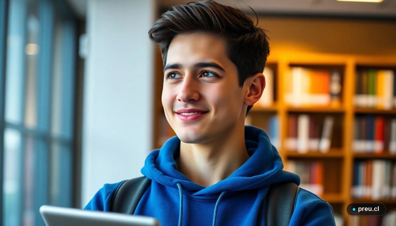 Joven estudiante universitario sonriendo con confianza en una biblioteca moderna, pensando en su futuro profesional.