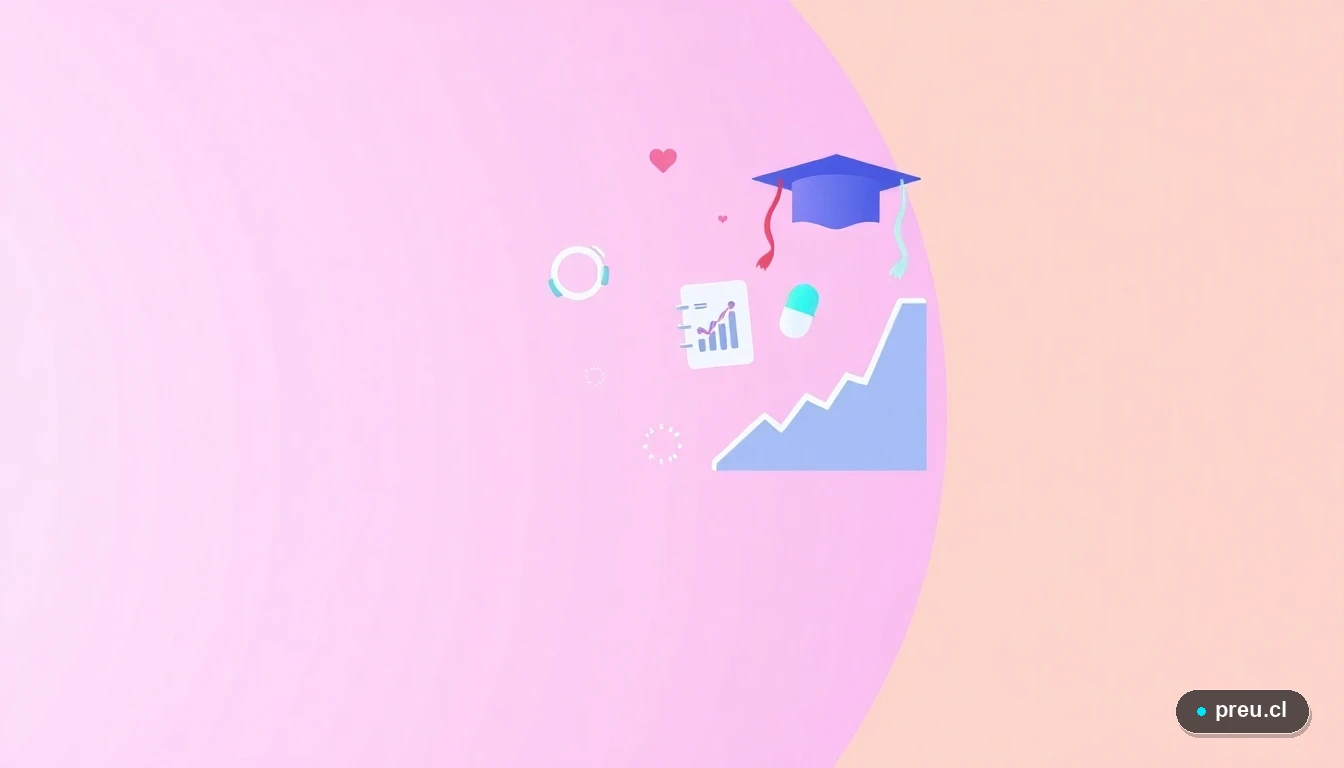 Elementos gráficos abstractos que simbolizan la carrera de Química Farmacéutica: una molécula, una cápsula, un gráfico de crecimiento y un birrete de graduación, sobre un fondo despejado y colorido.