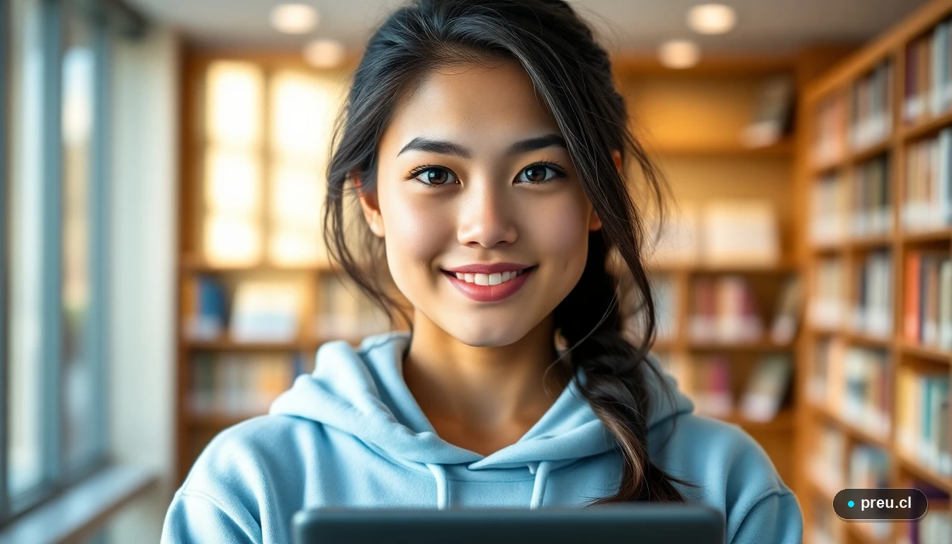 Joven estudiante universitaria sonriendo con confianza en una biblioteca moderna, representando el futuro profesional de la química y farmacia.