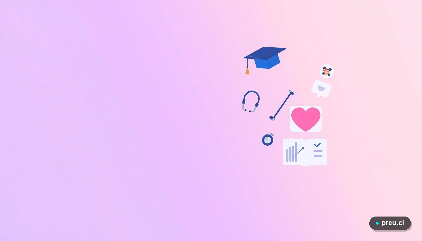 Composición abstracta de iconos planos que simbolizan la Terapia Ocupacional: un birrete de graduación, un gráfico de progreso, un estetoscopio y un corazón, sobre un fondo lila vibrante. Representa el éxito académico, el crecimiento profesional y el lado humano de esta carrera en Chile.