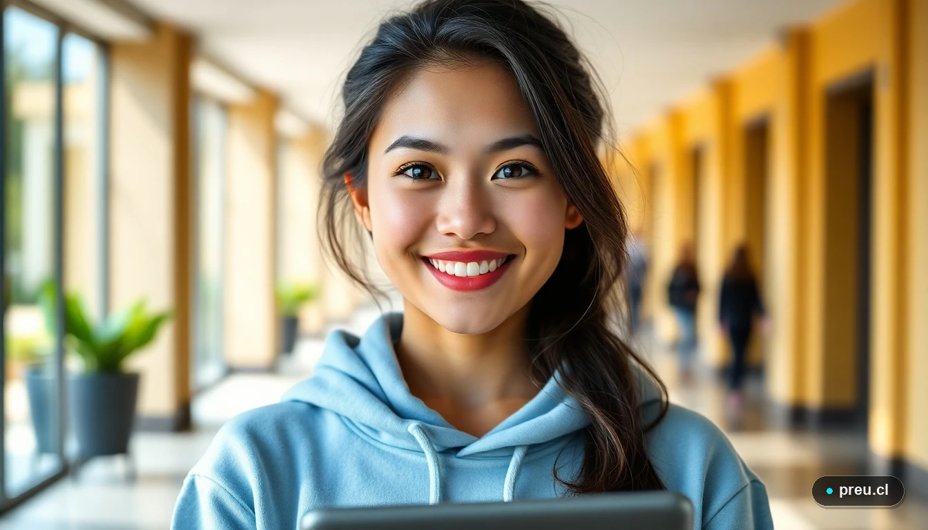 Joven estudiante universitaria sonriendo con confianza en un campus moderno, representando el futuro profesional de la terapia ocupacional.