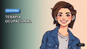 Ilustración plana y moderna de una joven estudiante universitaria sonriente, con un estilo fresco y casual, sobre un fondo de gradiente azul suave. Representa el futuro profesional en Terapia Ocupacional en Chile, una carrera con gran empleabilidad y propósito.