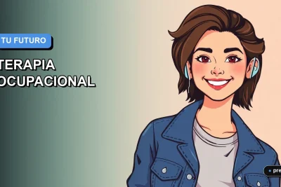 Ilustración plana y moderna de una joven estudiante universitaria sonriente, con un estilo fresco y casual, sobre un fondo de gradiente azul suave. Representa el futuro profesional en Terapia Ocupacional en Chile, una carrera con gran empleabilidad y propósito.