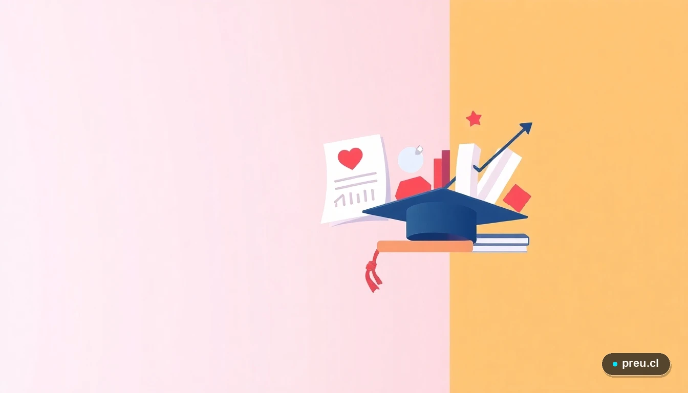 Elementos gráficos abstractos y modernos que simbolizan el éxito académico y profesional en trabajo social: un gorro de graduación, gráficos de crecimiento y símbolos de comunidad. Ilustración plana con colores vibrantes para motivar a estudiantes.