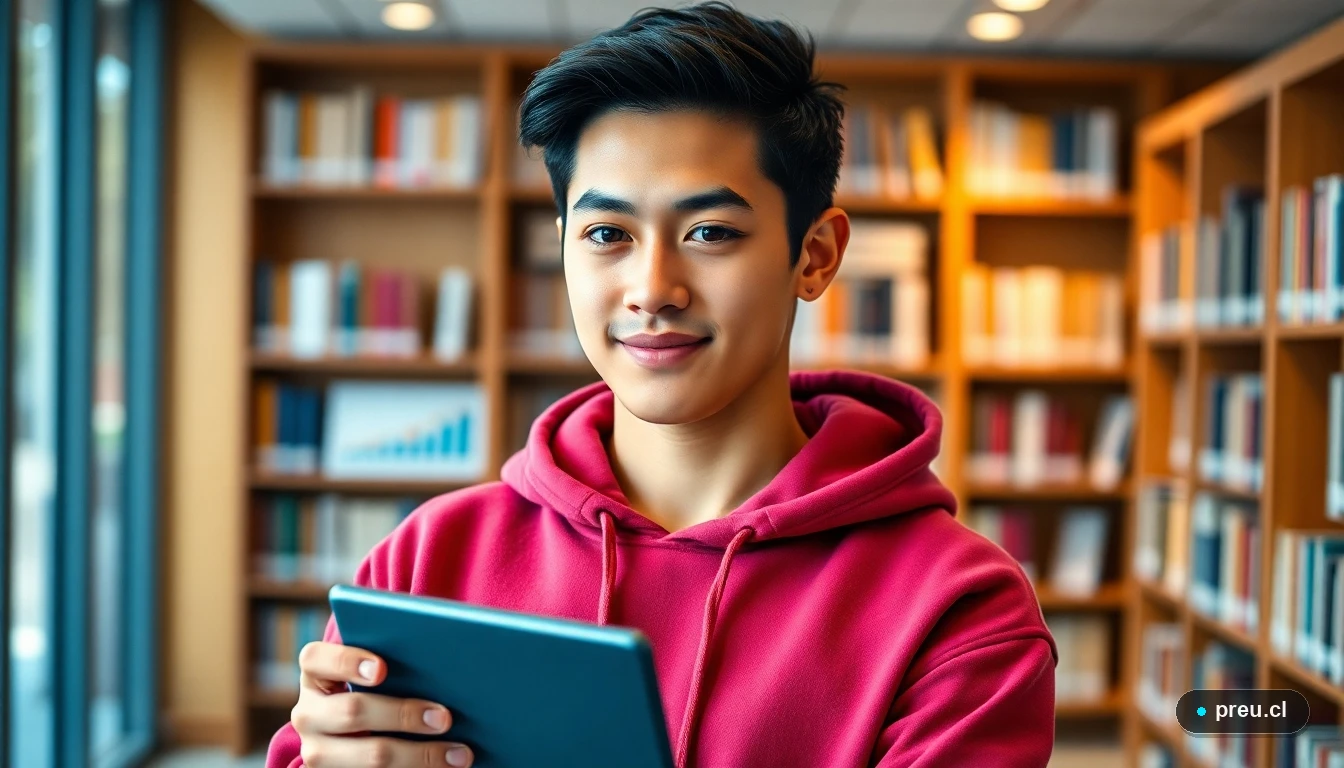 Joven estudiante universitario sonriendo con confianza en una biblioteca moderna, pensando en su futuro profesional.