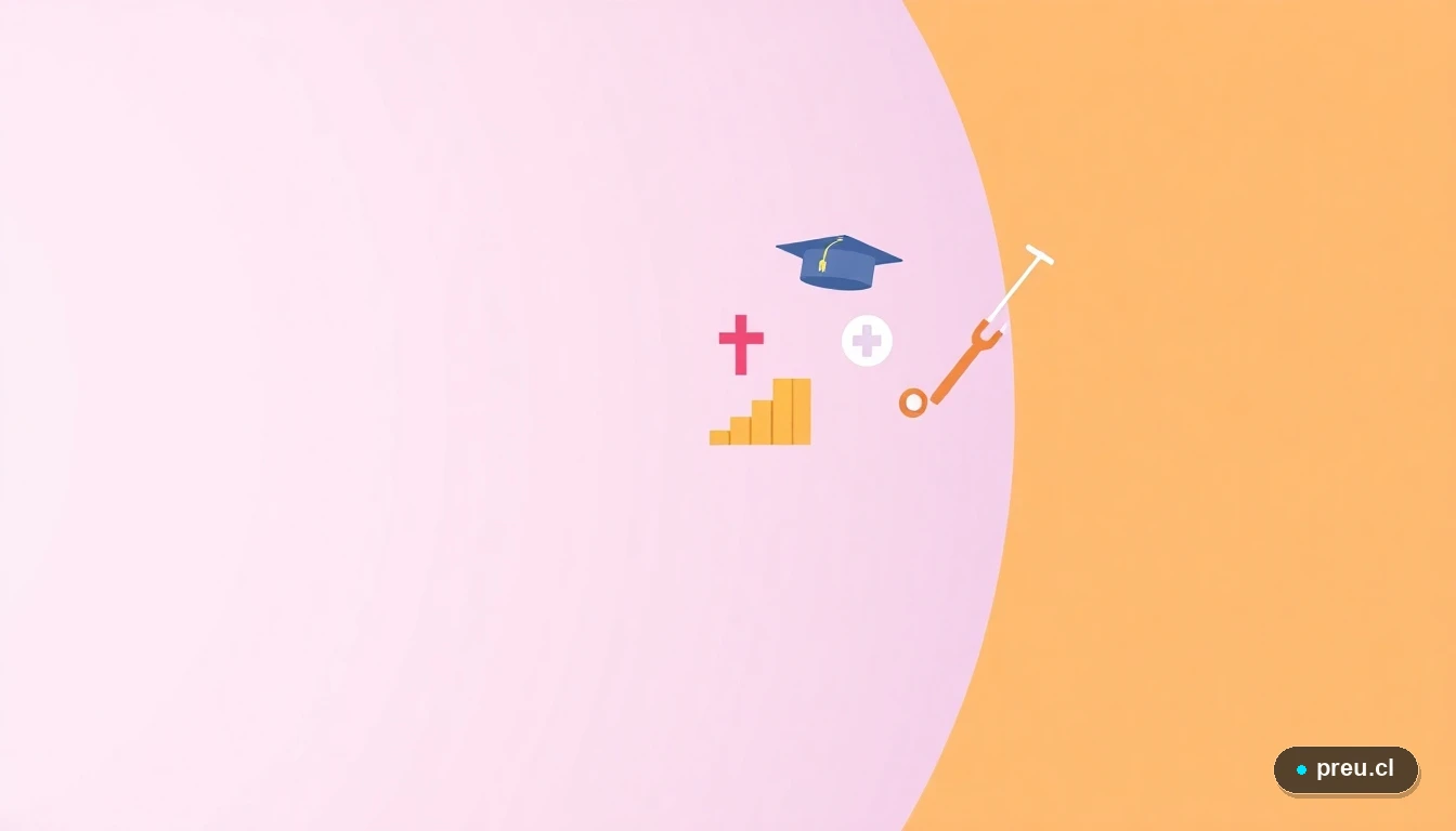 Ilustración de elementos abstractos del área de la salud: estetoscopio, cruz médica y gráfico de crecimiento, sobre un fondo naranja degradado. Simboliza el desarrollo profesional y las oportunidades de la carrera de enfermería en Chile.