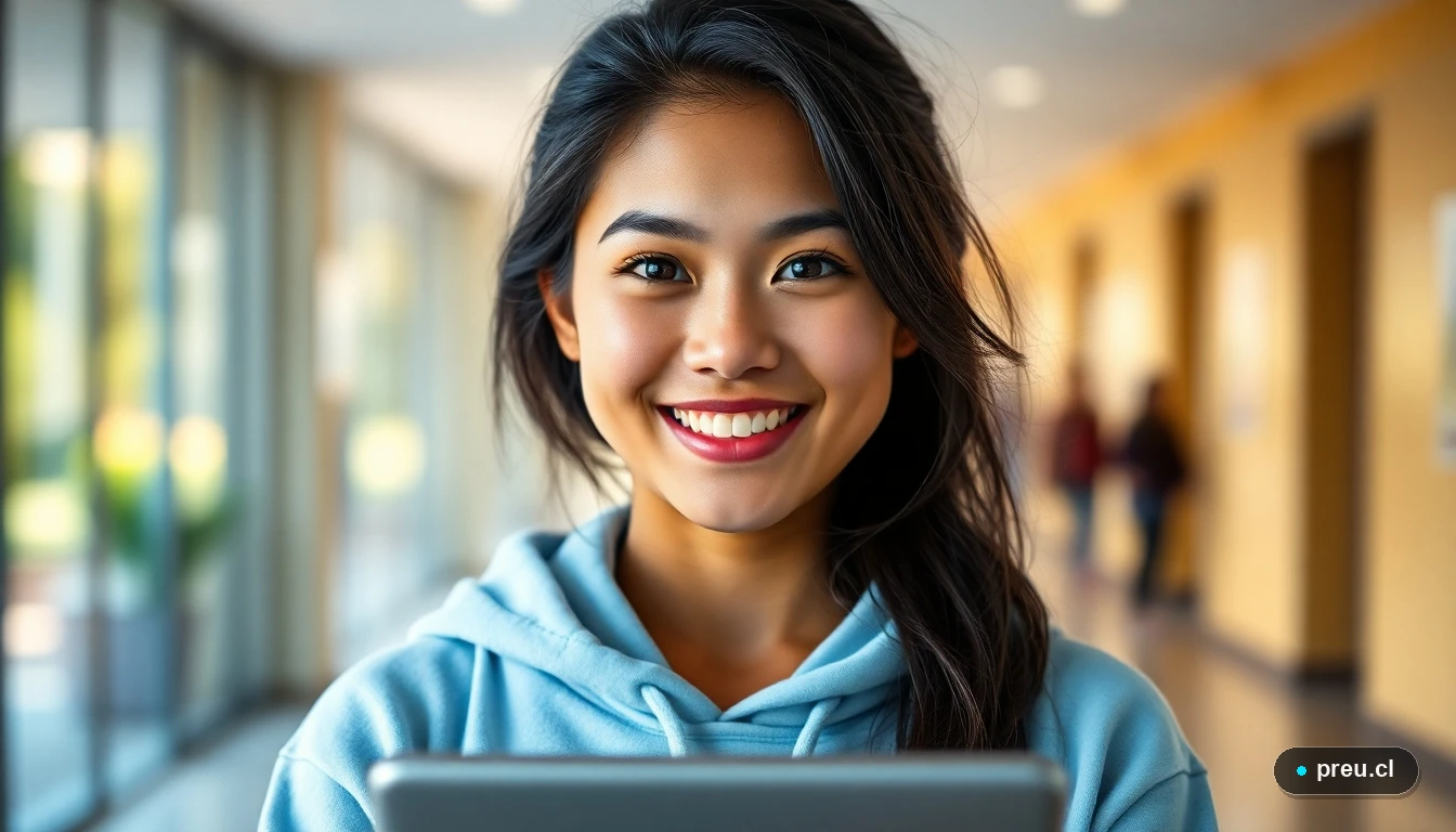 Joven estudiante sonriendo con confianza en un campus universitario moderno, representando el futuro profesional en enfermería.