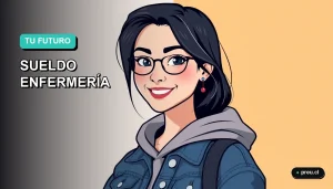 Ilustración plana y moderna de una joven estudiante universitaria sonriendo, con fondo de gradiente azul verdoso. Representa el futuro profesional en el área de la salud en Chile, mostrando una carrera con propósito y estabilidad.
