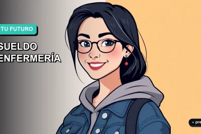 Ilustración plana y moderna de una joven estudiante universitaria sonriendo, con fondo de gradiente azul verdoso. Representa el futuro profesional en el área de la salud en Chile, mostrando una carrera con propósito y estabilidad.