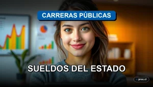 Joven profesional sonriendo con confianza en un entorno universitario moderno, representando las oportunidades laborales y de desarrollo en la Administración Pública chilena. Imagen inspiradora y de alta calidad para estudiantes.