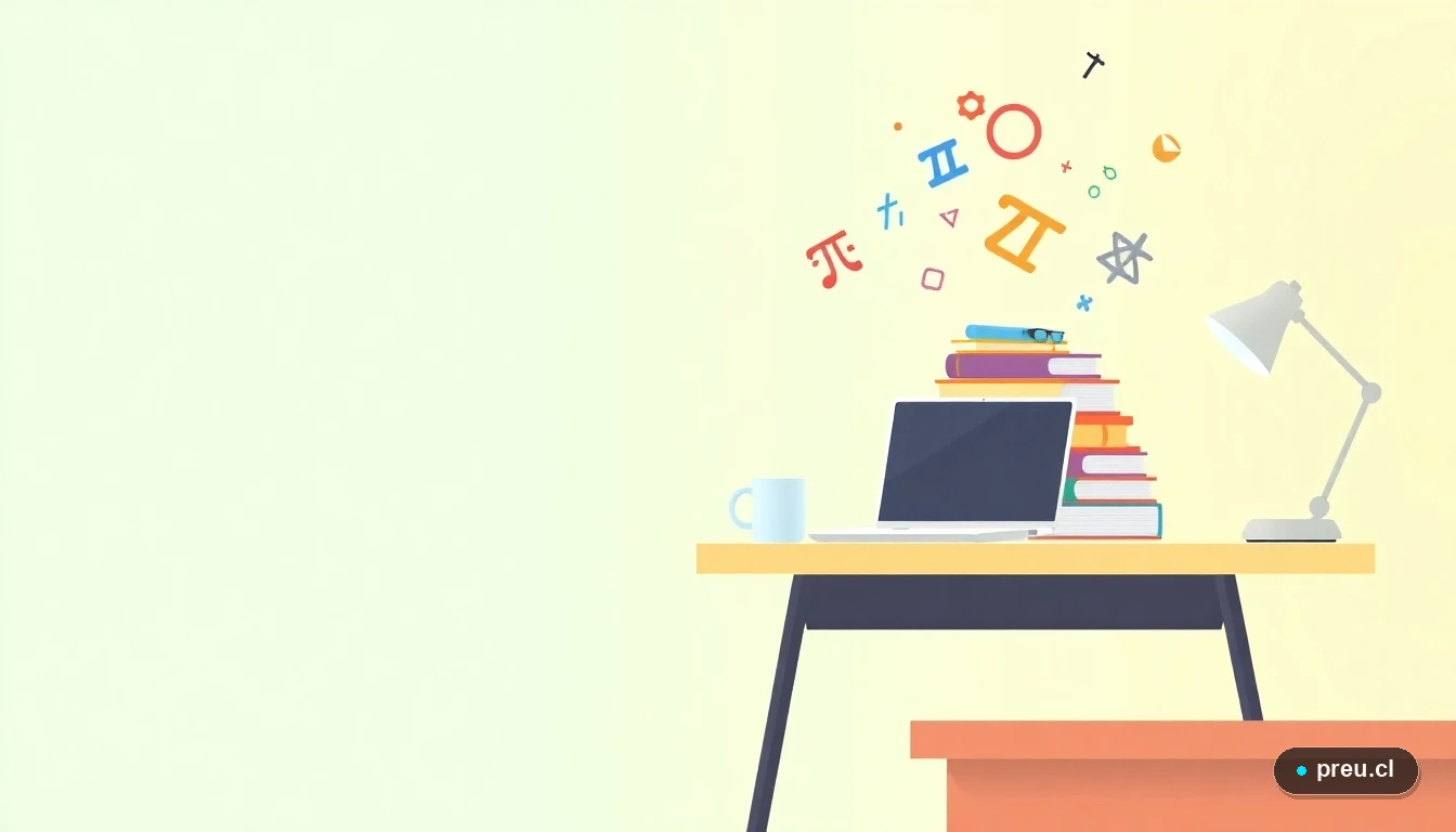 Escritorio de estudio moderno y minimalista con laptop, cuadernos y símbolos académicos flotantes, ilustrado en estilo vectorial plano, sobre un fondo de gradiente verde menta. Simboliza la preparación y el trabajo necesario para alcanzar la excelencia académica.