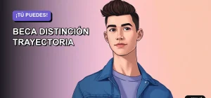 Ilustración plana y moderna de un estudiante universitario sonriendo con confianza, sobre un fondo de gradiente suave lavanda. Representa el logro académico y la motivación para postular a becas.