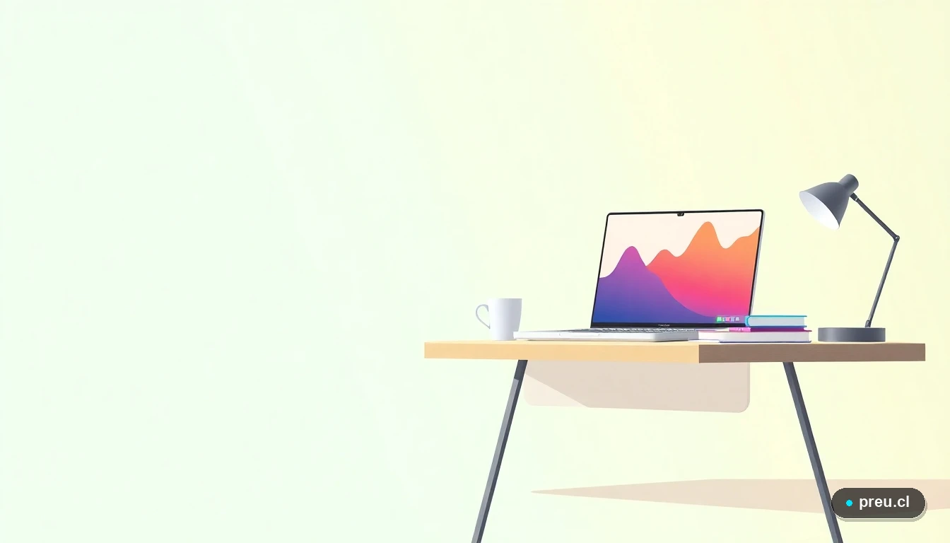 Escritorio de estudio moderno y organizado en estilo ilustración plana, con laptop, cuadernos coloridos y símbolos flotantes que representan emociones y aprendizaje, sobre un fondo de gradiente fresco menta. Simboliza un espacio preparado para el crecimiento académico y personal.