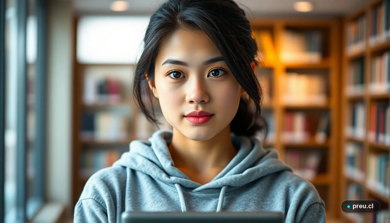 Joven estudiante reflexionando sobre su autoconocimiento emocional en un entorno universitario moderno.