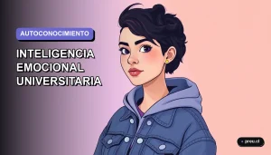Ilustración plana y moderna de una estudiante universitaria sonriente, con expresión segura y amigable, sobre un fondo de gradiente suave lavanda. Representa el desarrollo de la inteligencia emocional para el éxito en la vida universitaria.