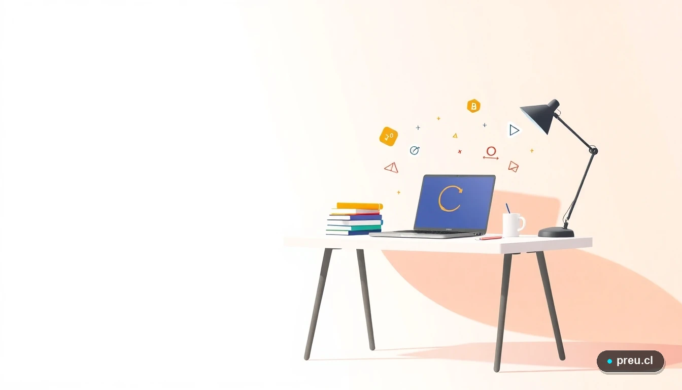 Escritorio de estudio moderno y organizado con elementos de matemática: laptop, cuadernos y símbolos flotantes. Representa el espacio ideal para preparar la PAES. Ilustración plana y minimalista con colores vibrantes.