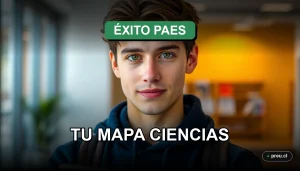 Un joven estudiante sonríe con confianza en un entorno universitario moderno, representando el camino claro y alcanzable hacia el dominio del temario de Ciencias para la PAES.