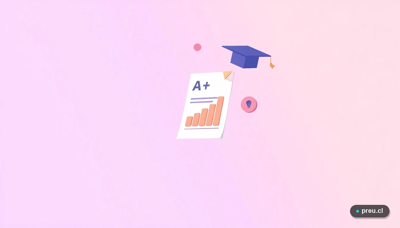 Elementos gráficos planos que simbolizan el éxito académico: un papel con nota máxima, un gráfico de progreso completo y un título de graduación, sobre un fondo lavanda. Representa la meta alcanzada y la satisfacción del aprendizaje efectivo para la PAES.