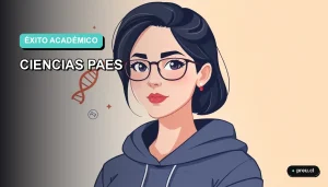 Ilustración plana y moderna de una estudiante universitaria sonriente y segura, junto a un mapa conceptual colorido de ciencias, sobre un fondo degradado suave. Representa el camino claro y motivador hacia el éxito en la PAES.