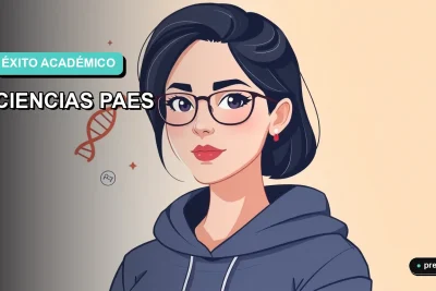 Ilustración plana y moderna de una estudiante universitaria sonriente y segura, junto a un mapa conceptual colorido de ciencias, sobre un fondo degradado suave. Representa el camino claro y motivador hacia el éxito en la PAES.