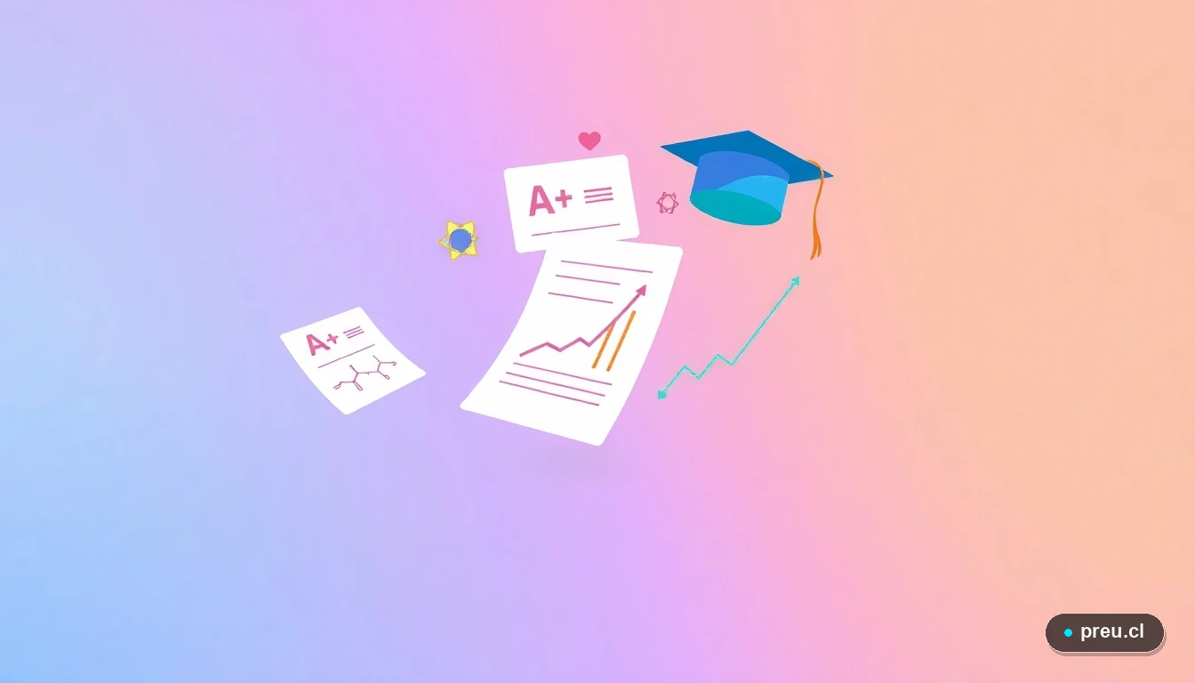 Ilustración abstracta de elementos académicos flotantes: papeles de examen con nota máxima, fórmulas químicas, un gráfico de progreso y un birrete de graduación, sobre un fondo color lavanda. Representa el éxito y el avance en el estudio de la Química para la PAES.