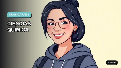 Ilustración plana y moderna de una estudiante universitaria sonriente, con un estilo fresco y contemporáneo, sobre un fondo de gradiente suave color menta. Representa la confianza y el enfoque para dominar la asignatura de Química en la PAES.