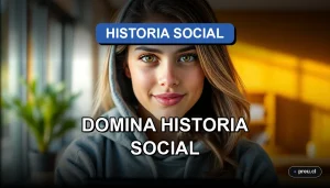 Joven estudiante de preparación PAES sonriendo con confianza en un moderno campus universitario, representando el éxito académico en Historia y Ciencias Sociales.