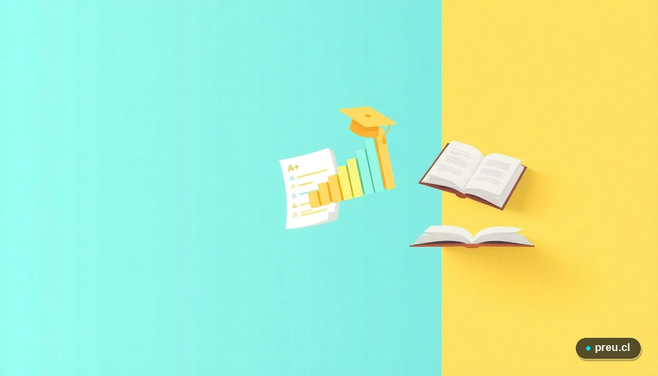 Elementos gráficos abstractos que simbolizan éxito académico: un papel de examen con nota A+, un capelo de graduación y un gráfico de progreso, representando el camino hacia dominar la PAES de Historia.