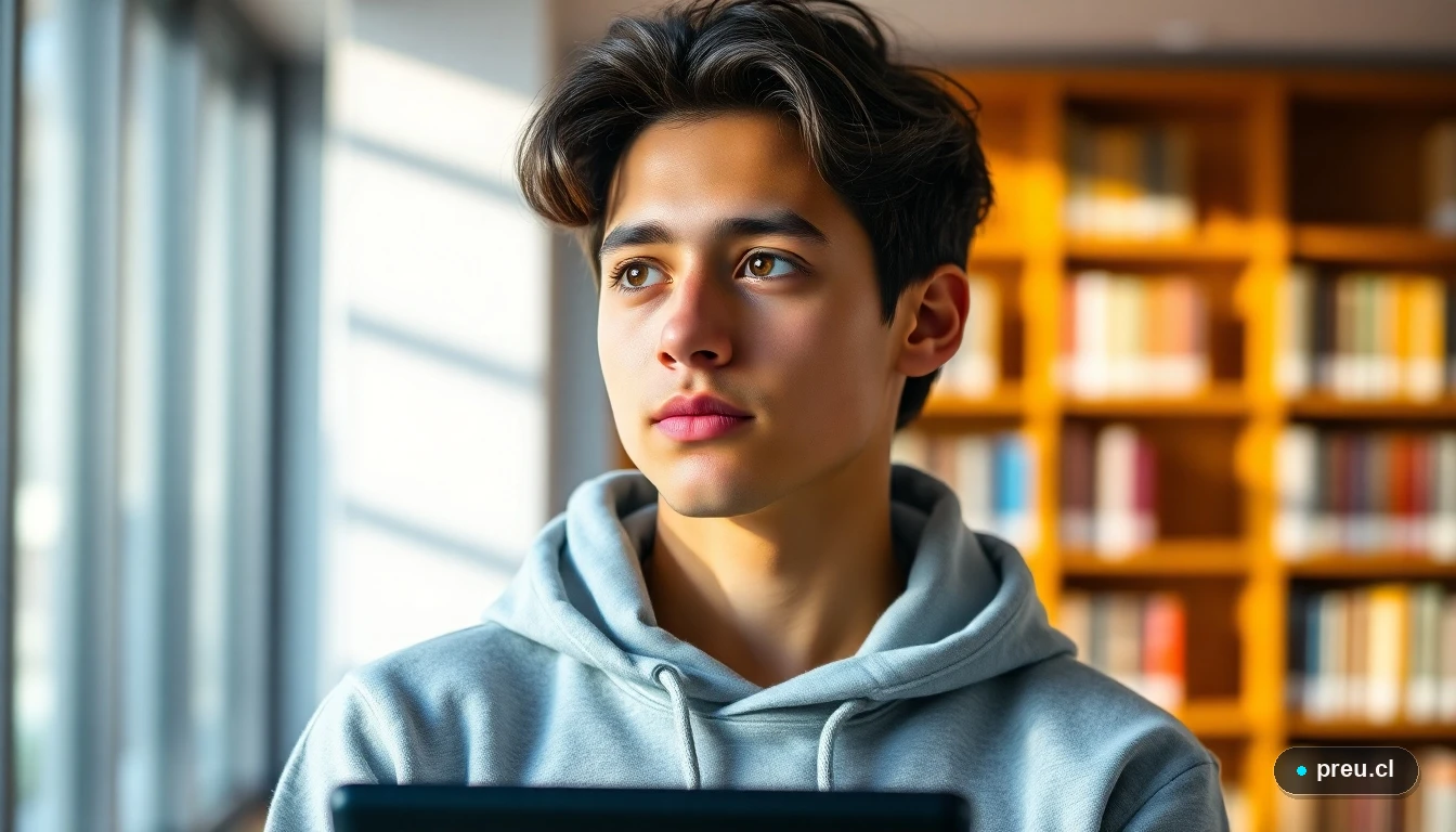 Estudiante joven y confiado reflexionando sobre sus apuntes de historia en una biblioteca universitaria moderna.