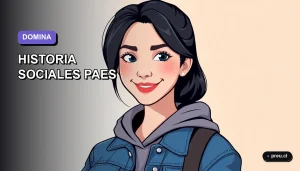 Joven estudiante sonriendo con confianza, listo para dominar el temario de Historia y Ciencias Sociales para la PAES. Ilustración plana y moderna con fondo de gradiente suave.