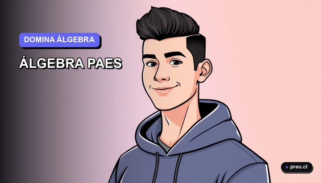 Ilustración plana y moderna de un estudiante universitario sonriendo con confianza, listo para dominar el temario de álgebra de la PAES. Fondo con gradiente suave en tonos lavanda.